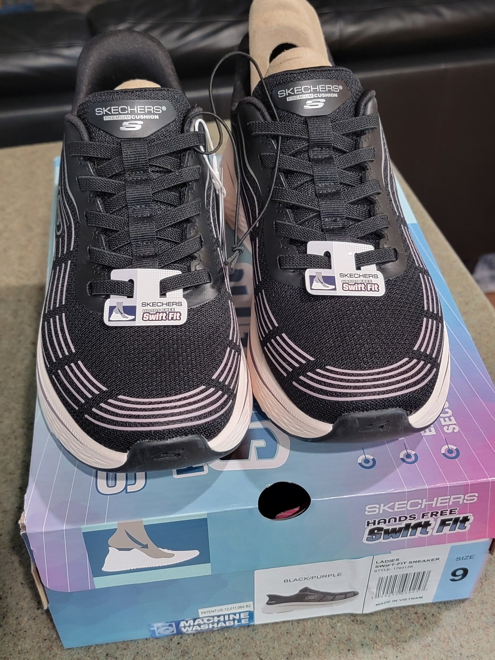 Skechers Black/Purple Knit Slip-On Sneakers